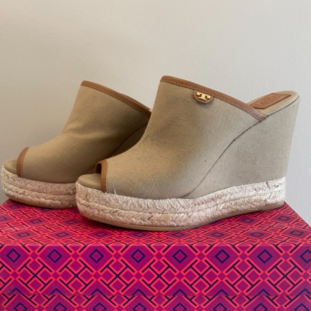 Tory Burch Tan Wedge Espadrilles with Open Back